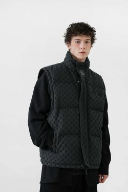 Y2K Grunge Monogram Print Puffer Vest - Retro 90s Summer Outfit, Y2K Club & Party Fashion