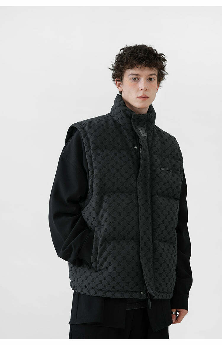 Y2K Grunge Monogram Print Puffer Vest - Retro 90s Summer Outfit, Y2K Club & Party Fashion