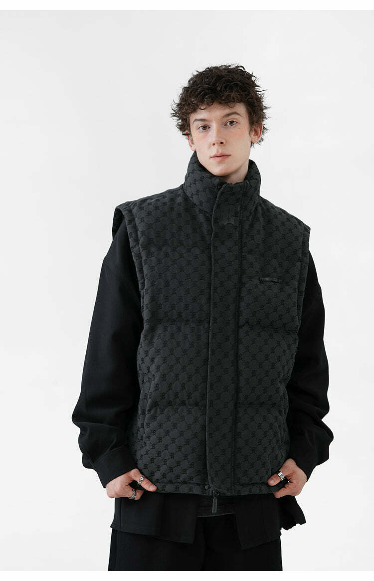 Y2K Grunge Monogram Print Puffer Vest - Retro 90s Summer Outfit, Y2K Club & Party Fashion