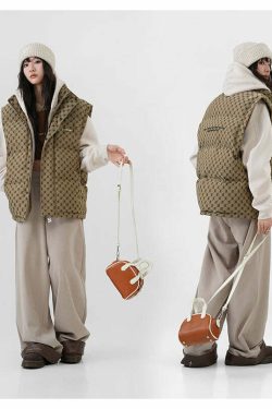 Y2K Grunge Monogram Print Puffer Vest - Retro 90s Summer Outfit, Y2K Club & Party Fashion