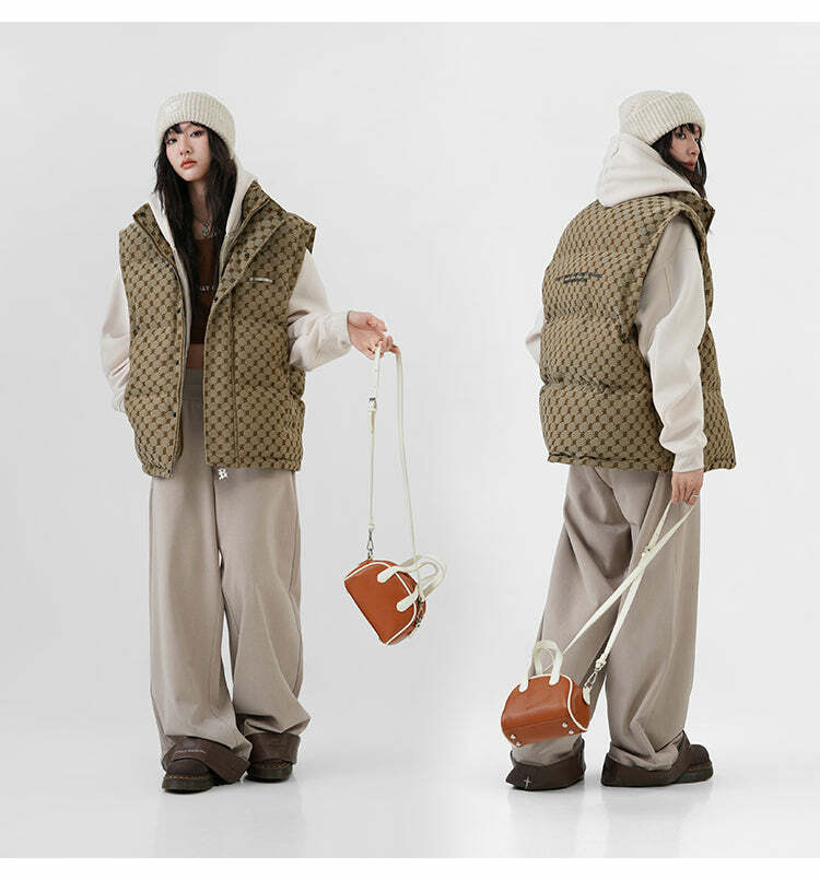 Y2K Grunge Monogram Print Puffer Vest - Retro 90s Summer Outfit, Y2K Club & Party Fashion
