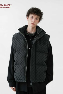 Y2K Grunge Monogram Print Puffer Vest - Retro 90s Summer Outfit, Y2K Club & Party Fashion