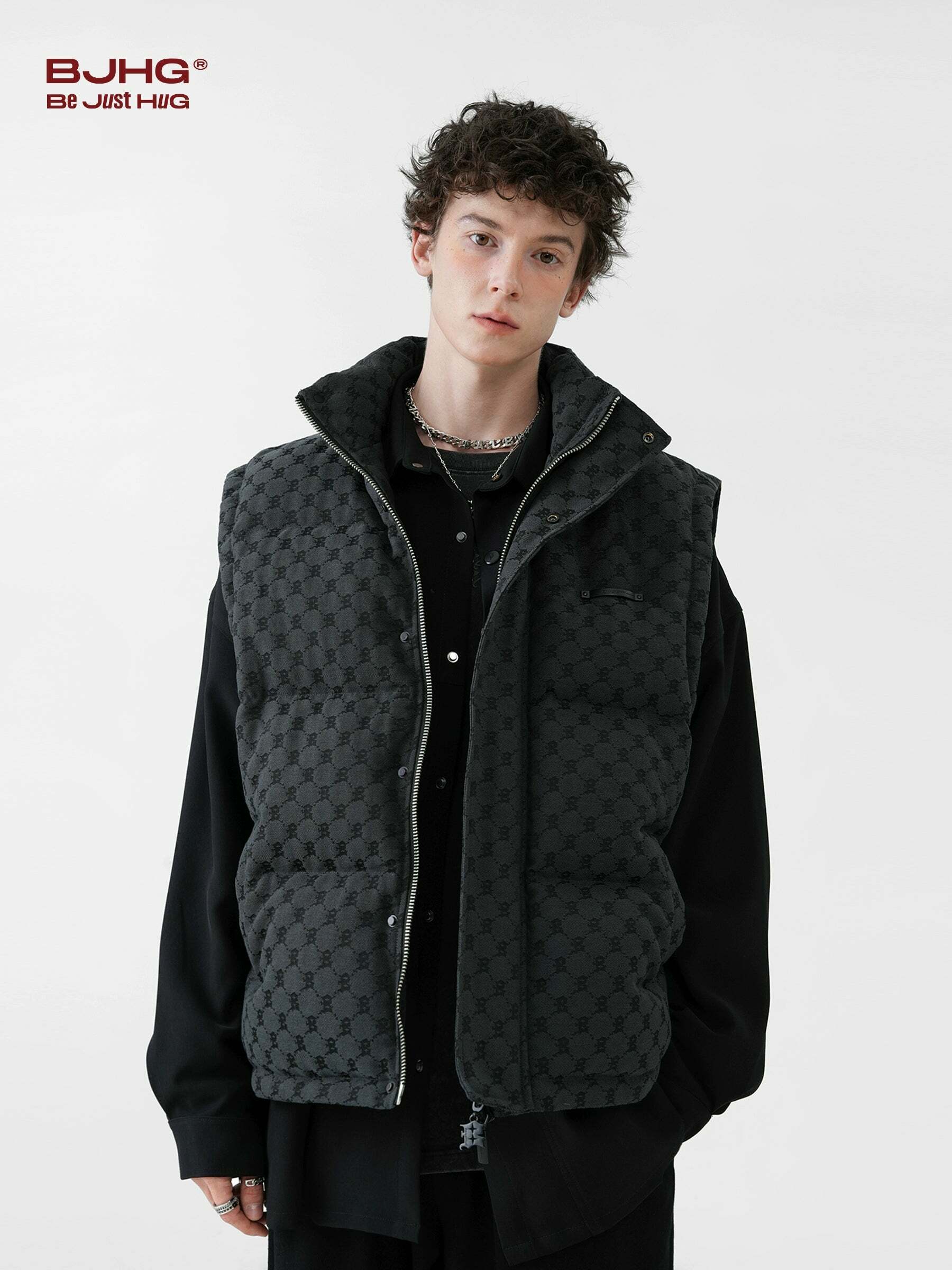 Y2K Grunge Monogram Print Puffer Vest - Retro 90s Summer Outfit, Y2K Club & Party Fashion
