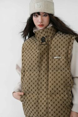 Y2K Grunge Monogram Print Puffer Vest - Retro 90s Summer Outfit, Y2K Club & Party Fashion