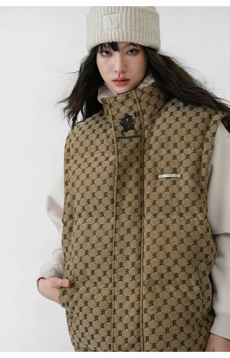 Y2K Grunge Monogram Print Puffer Vest - Retro 90s Summer Outfit, Y2K Club & Party Fashion
