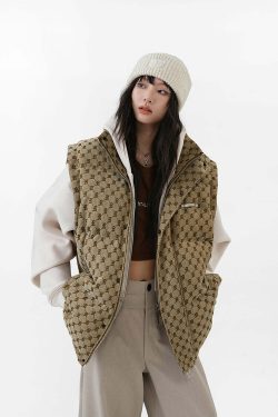 Y2K Grunge Monogram Print Puffer Vest - Retro 90s Summer Outfit, Y2K Club & Party Fashion