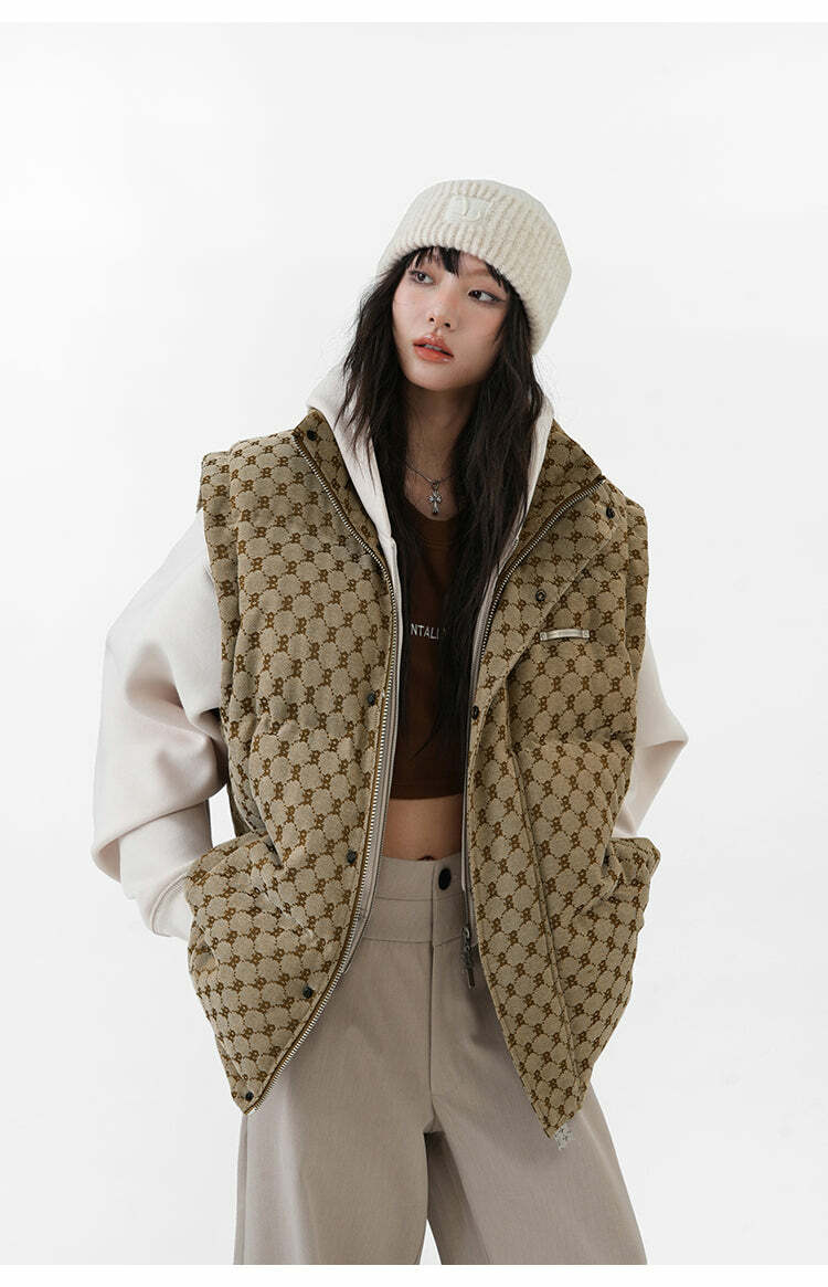 Y2K Grunge Monogram Print Puffer Vest - Retro 90s Summer Outfit, Y2K Club & Party Fashion
