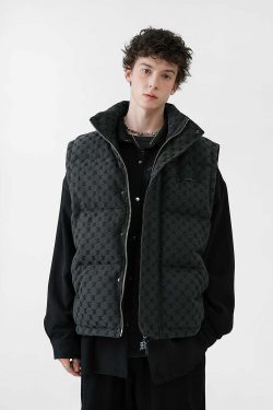 Y2K Grunge Monogram Print Puffer Vest - Retro 90s Summer Outfit, Y2K Club & Party Fashion