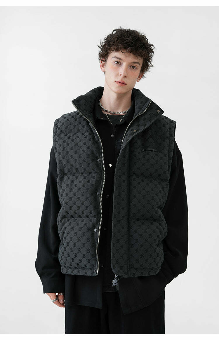 Y2K Grunge Monogram Print Puffer Vest - Retro 90s Summer Outfit, Y2K Club & Party Fashion