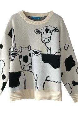 Y2K Grunge Moo Moo Cow Sweater - Retro 90s Fashion, Summer Y2K Outfits, Pastel Goth Style