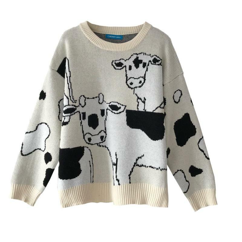 Y2K Grunge Moo Moo Cow Sweater - Retro 90s Fashion, Summer Y2K Outfits, Pastel Goth Style
