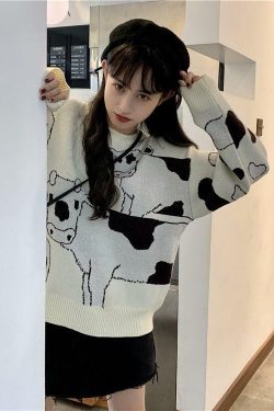 Y2K Grunge Moo Moo Cow Sweater - Retro 90s Fashion, Summer Y2K Outfits, Pastel Goth Style
