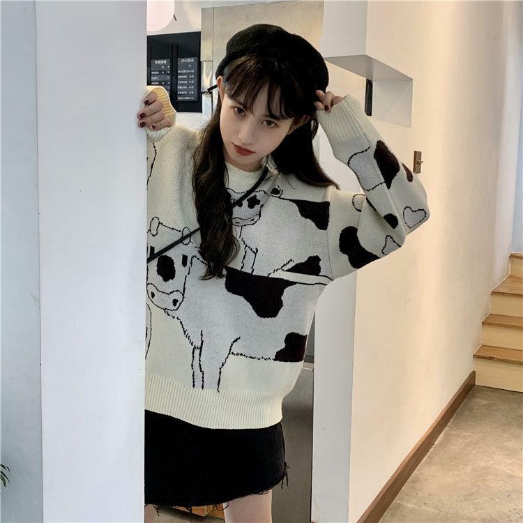 Y2K Grunge Moo Moo Cow Sweater - Retro 90s Fashion, Summer Y2K Outfits, Pastel Goth Style
