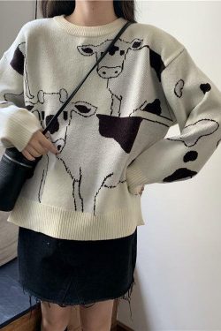 Y2K Grunge Moo Moo Cow Sweater - Retro 90s Fashion, Summer Y2K Outfits, Pastel Goth Style
