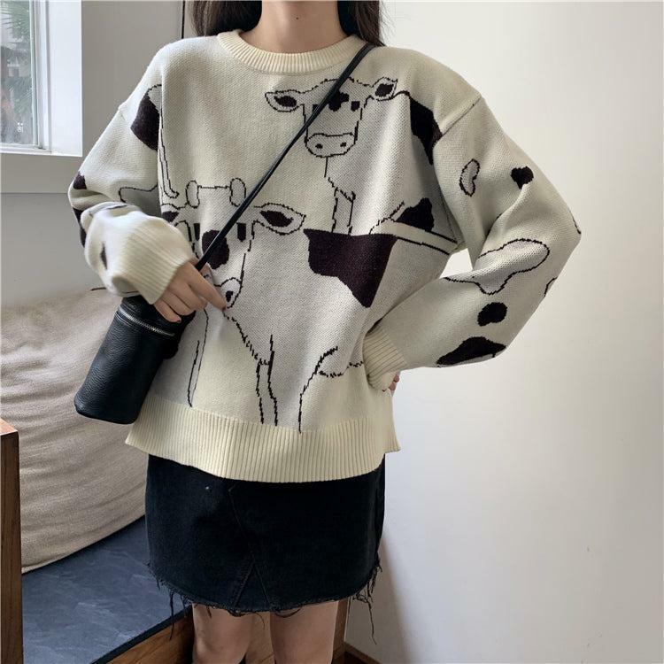 Y2K Grunge Moo Moo Cow Sweater - Retro 90s Fashion, Summer Y2K Outfits, Pastel Goth Style