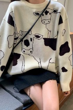 Y2K Grunge Moo Moo Cow Sweater - Retro 90s Fashion, Summer Y2K Outfits, Pastel Goth Style