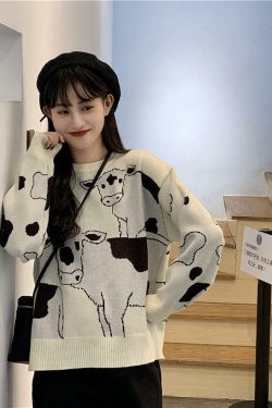 Y2K Grunge Moo Moo Cow Sweater - Retro 90s Fashion, Summer Y2K Outfits, Pastel Goth Style
