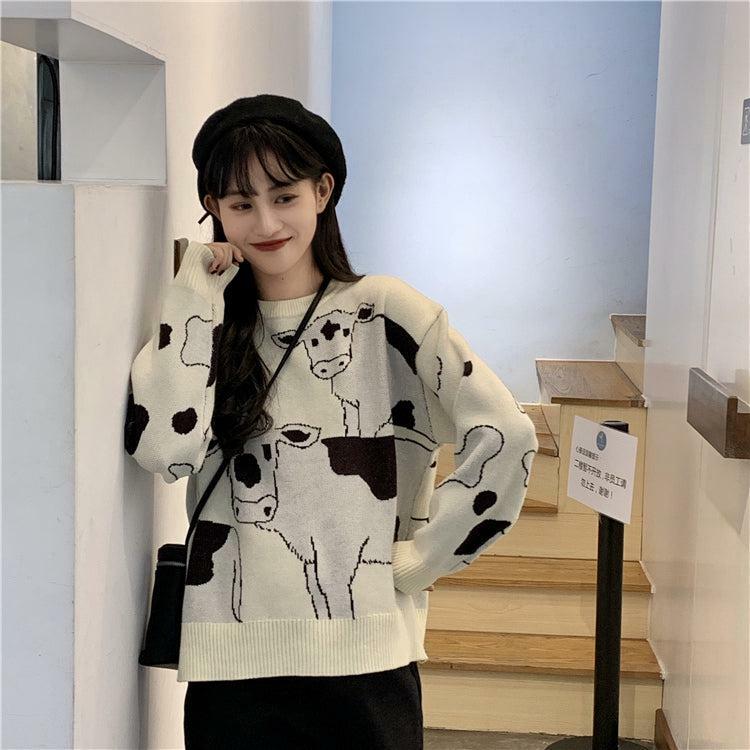 Y2K Grunge Moo Moo Cow Sweater - Retro 90s Fashion, Summer Y2K Outfits, Pastel Goth Style