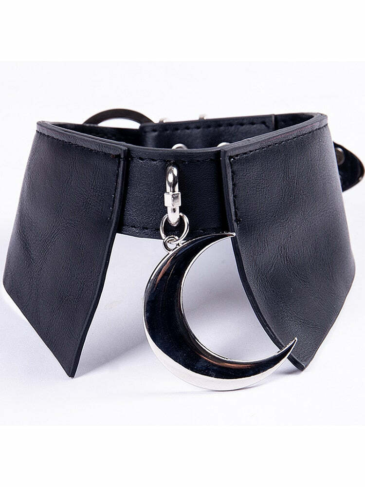 Y2K Grunge Moon Faux Leather Choker Collar - 90s Retro Goth Fashion Accessory for Women