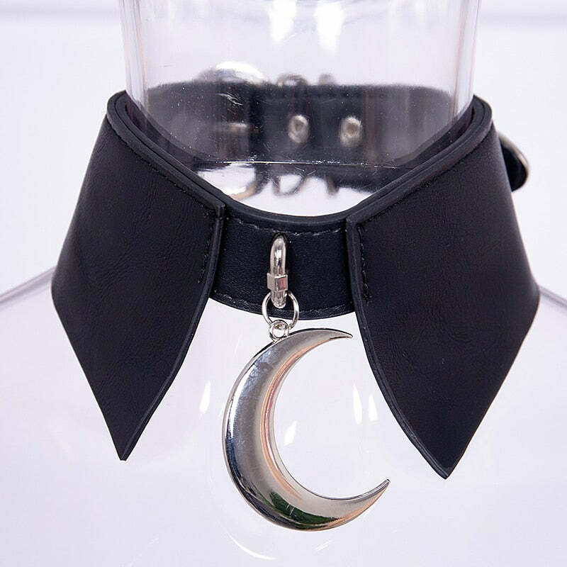Y2K Grunge Moon Faux Leather Choker Collar - 90s Retro Goth Fashion Accessory for Women
