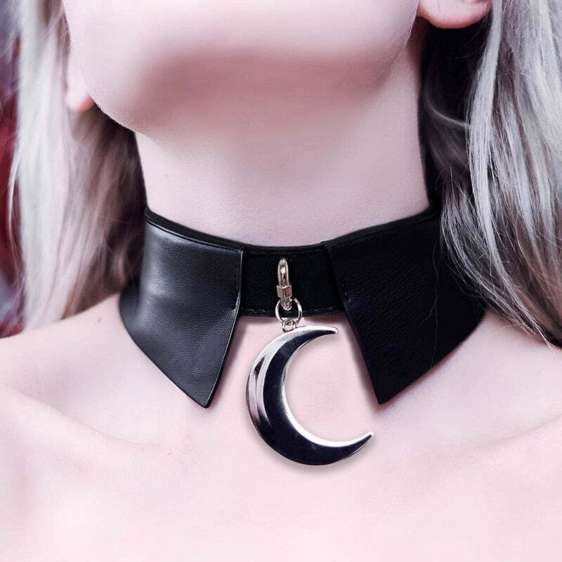 Y2K Grunge Moon Faux Leather Choker Collar - 90s Retro Goth Fashion Accessory for Women