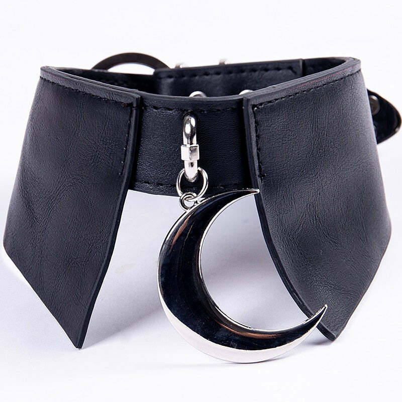 Y2K Grunge Moon Faux Leather Choker Collar - 90s Retro Goth Fashion Accessory for Women