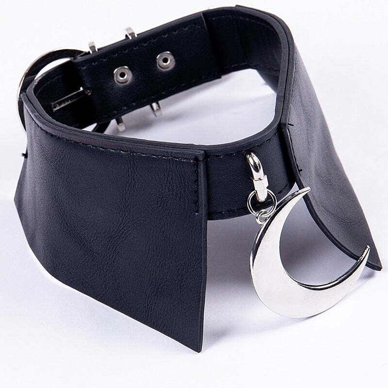 Y2K Grunge Moon Faux Leather Choker Collar - 90s Retro Goth Fashion Accessory for Women