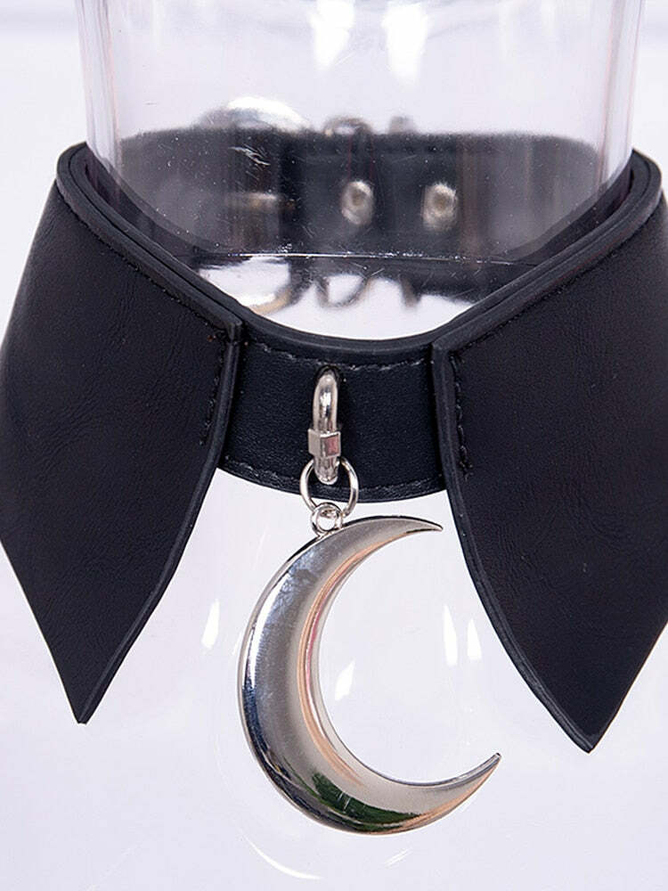 Y2K Grunge Moon Faux Leather Choker Collar - 90s Retro Goth Fashion Accessory for Women