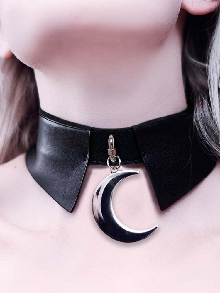Y2K Grunge Moon Faux Leather Choker Collar - 90s Retro Goth Fashion Accessory for Women