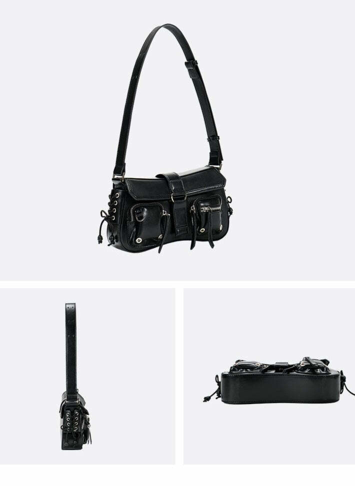 Y2K Grunge Multi-Pocket Shoulder Bag - 90s Retro Style, Perfect for Y2K Summer Outfits