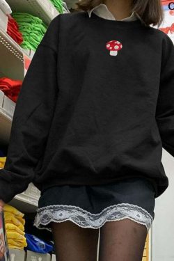 Y2K Grunge Mushroom Embroidery Sweatshirt - Retro 90s Fashion, Summer & Party Outfits