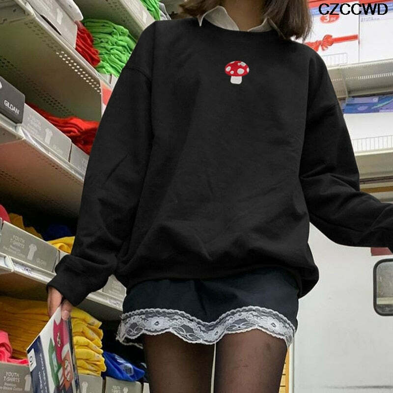 Y2K Grunge Mushroom Embroidery Sweatshirt - Retro 90s Fashion, Summer & Party Outfits