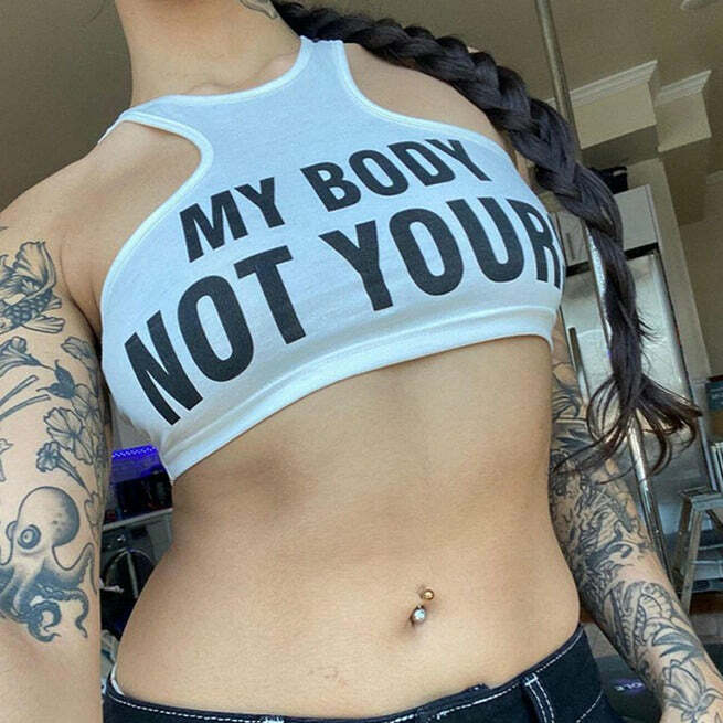 Y2K Grunge My Body Letter Print Crop Top - 90s Retro Summer Outfit, Pastel Goth Fashion