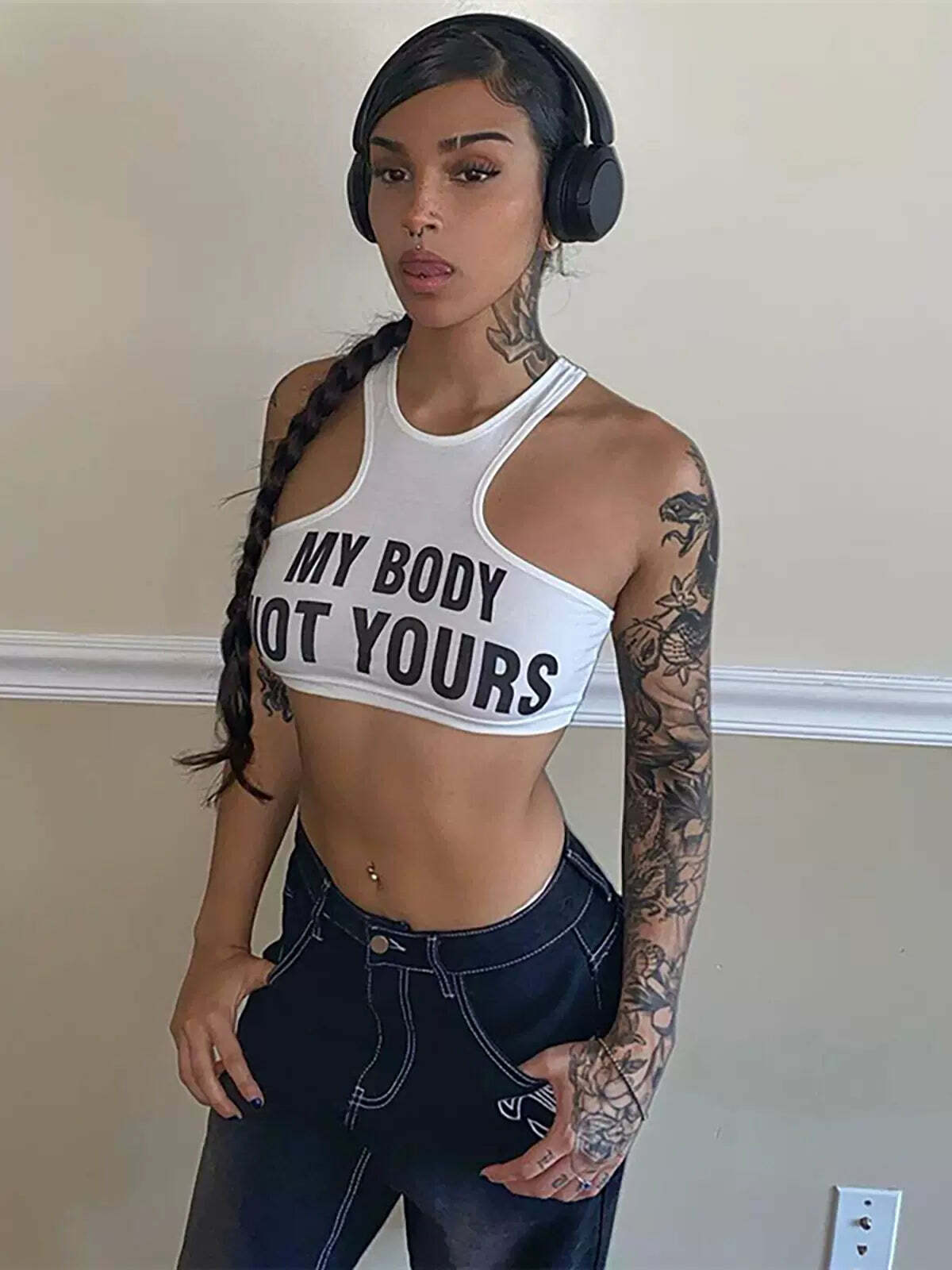 Y2K Grunge My Body Letter Print Crop Top - 90s Retro Summer Outfit, Pastel Goth Fashion