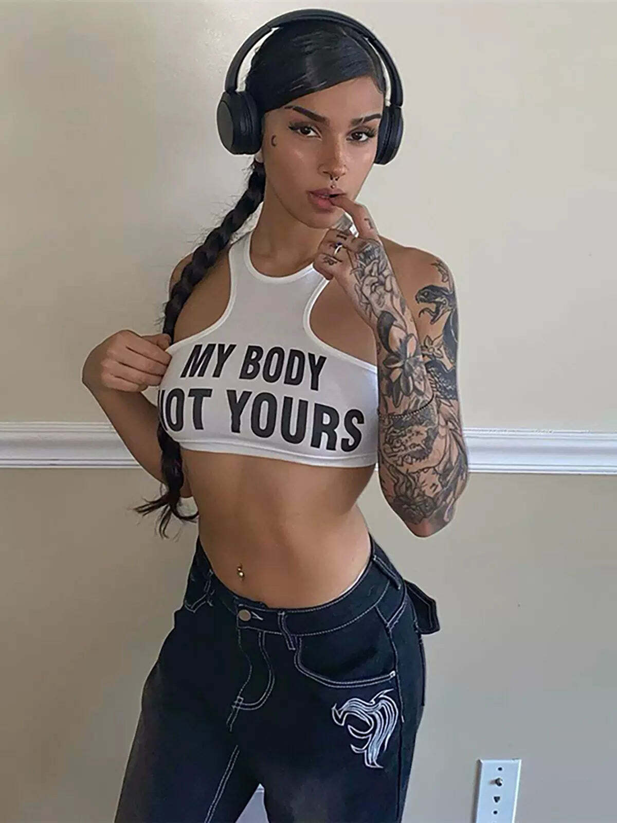 Y2K Grunge My Body Letter Print Crop Top - 90s Retro Summer Outfit, Pastel Goth Fashion