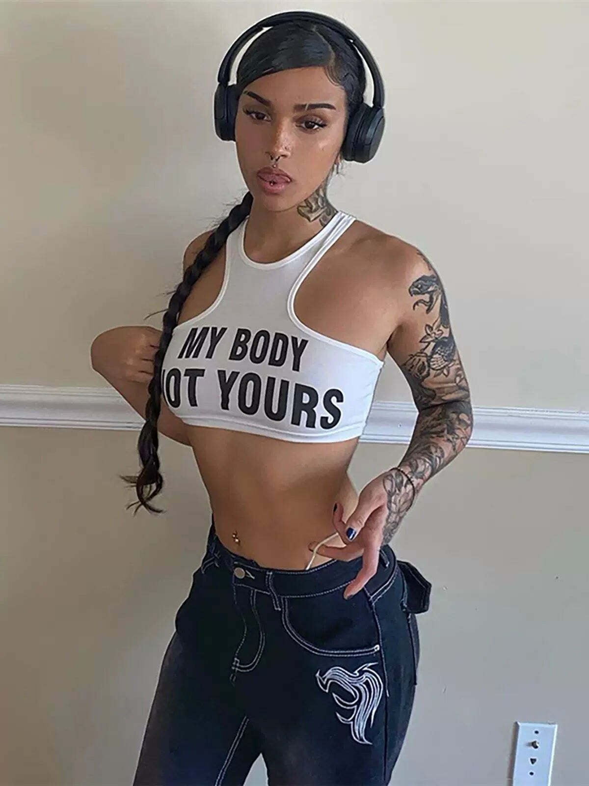 Y2K Grunge My Body Letter Print Crop Top - 90s Retro Summer Outfit, Pastel Goth Fashion