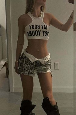 Y2K Grunge My Body Letter Print Crop Top - 90s Retro Summer Outfit, Pastel Goth Fashion