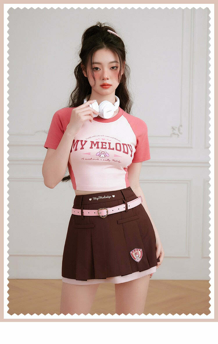 Y2K Grunge My Melody Baseball Crop Top - 90s Retro Summer Outfit for Women