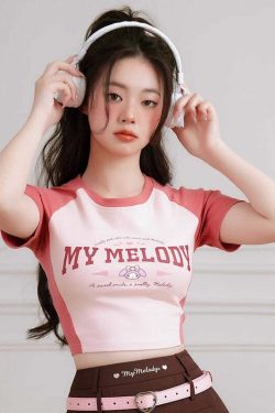 Y2K Grunge My Melody Baseball Crop Top - 90s Retro Summer Outfit for Women