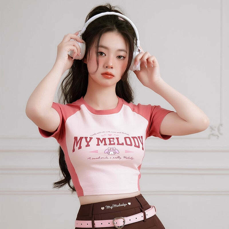 Y2K Grunge My Melody Baseball Crop Top - 90s Retro Summer Outfit for Women