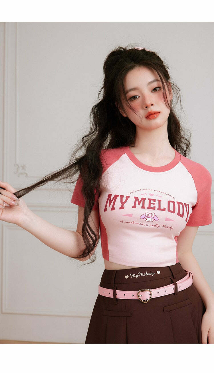 Y2K Grunge My Melody Baseball Crop Top - 90s Retro Summer Outfit for Women