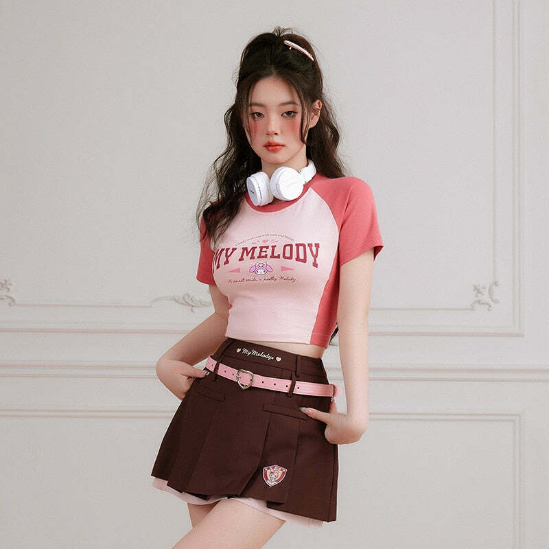 Y2K Grunge My Melody Baseball Crop Top - 90s Retro Summer Outfit for Women