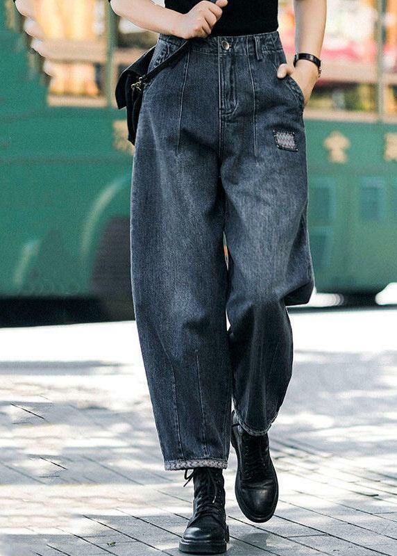 Y2K Grunge Navy High Waist Harem Denim Pants with Pockets - Retro 90s Summer Casual Style