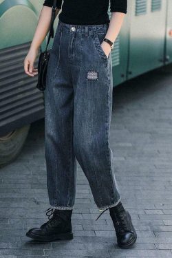 Y2K Grunge Navy High Waist Harem Denim Pants with Pockets - Retro 90s Summer Casual Style
