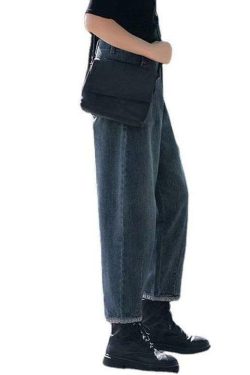 Y2K Grunge Navy High Waist Harem Denim Pants with Pockets - Retro 90s Summer Casual Style