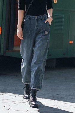 Y2K Grunge Navy High Waist Harem Denim Pants with Pockets - Retro 90s Summer Casual Style