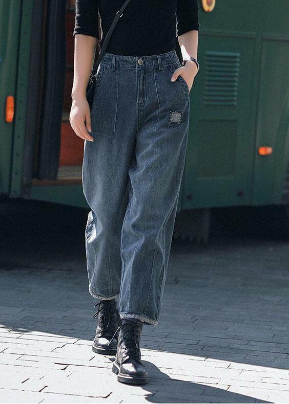 Y2K Grunge Navy High Waist Harem Denim Pants with Pockets - Retro 90s Summer Casual Style