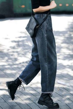 Y2K Grunge Navy High Waist Harem Denim Pants with Pockets - Retro 90s Summer Casual Style