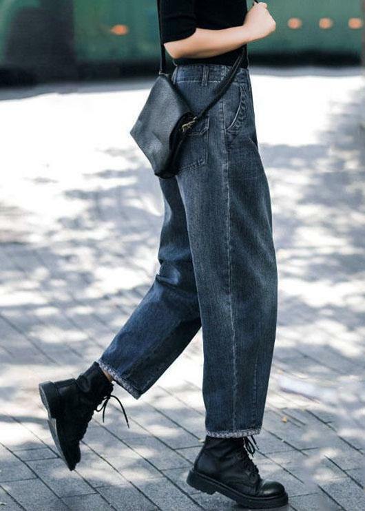 Y2K Grunge Navy High Waist Harem Denim Pants with Pockets - Retro 90s Summer Casual Style
