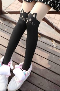 Y2K Grunge Neko Cat Thigh High Tights - Retro 90s Summer Outfit, Pastel Goth, Y2K Fashion